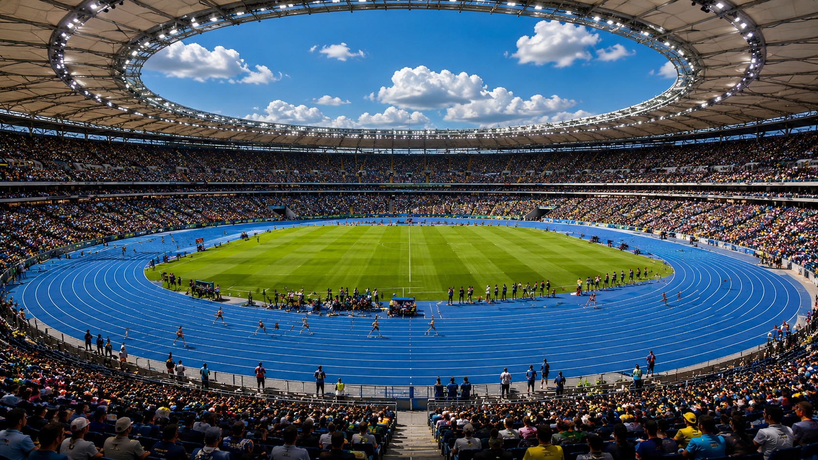 Athletics stadium with blue running track